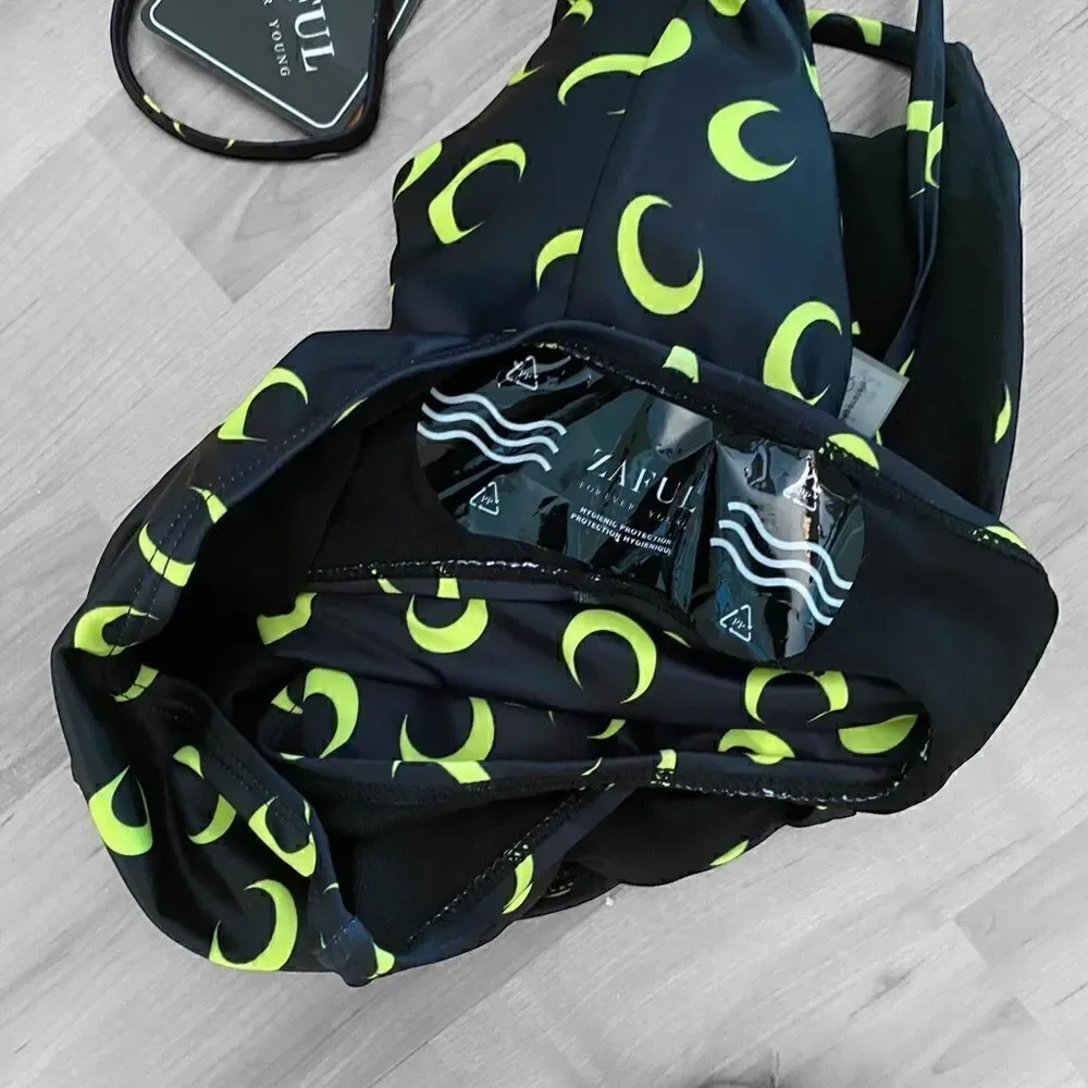 Zaful Swimsuit Black Neon Crescent Moon Size Small NEW With Tags